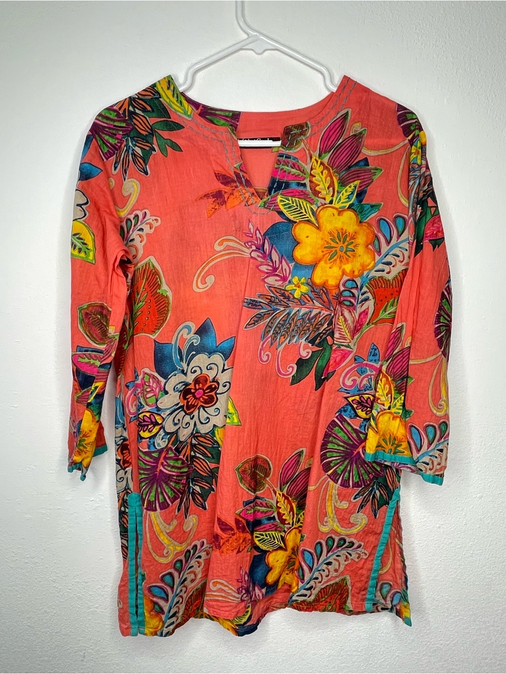 KikiSol Tropical Tunic Top Blouse Cover up Cotton Colorful Size Small‎ Vacation